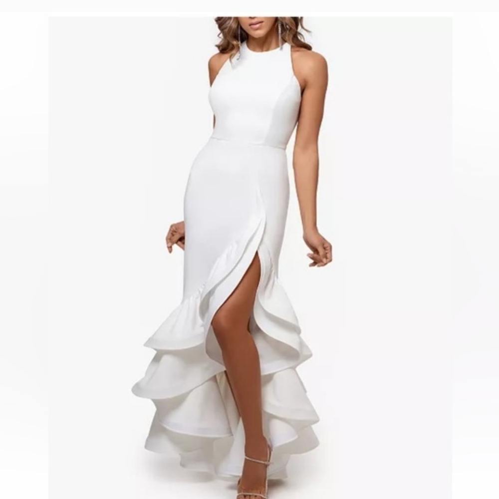 Betsy Adams Elegant White Ruffle Hem Dress